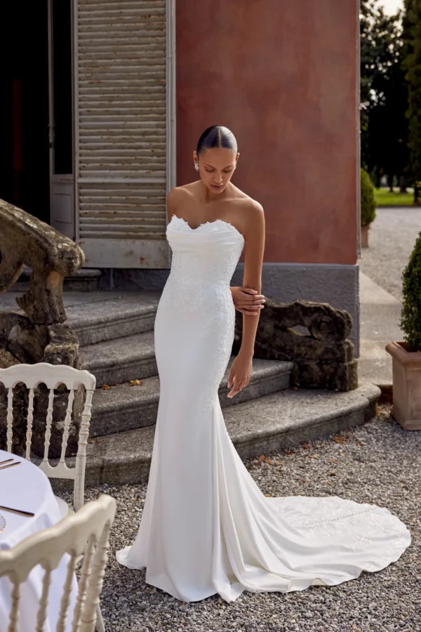 Stretch Crepe Fit and Flare Gown with Matte Lace Appliqués