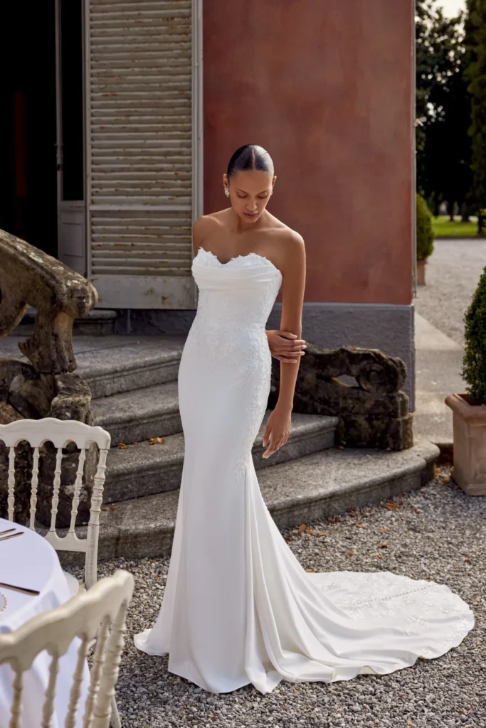 Stretch Crepe Fit and Flare Gown with Matte Lace Appliqués