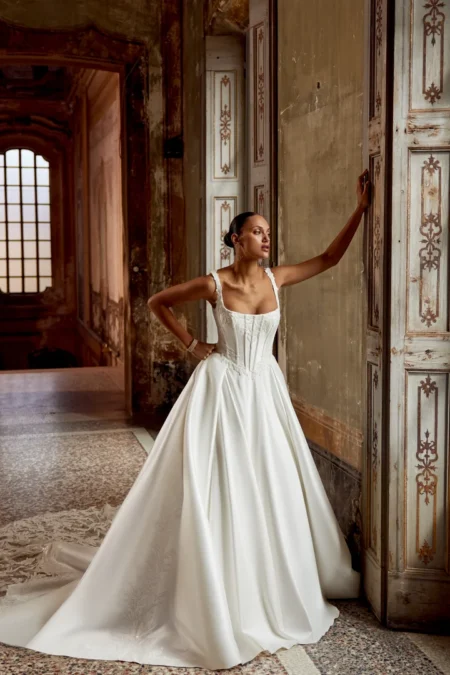 Stretch Mikado Ball Gown with Corset Bodice & Basque Waist