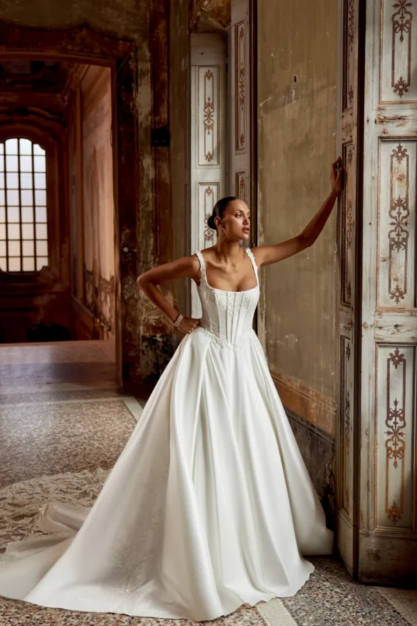Stretch Mikado Ball Gown with Corset Bodice & Basque Waist