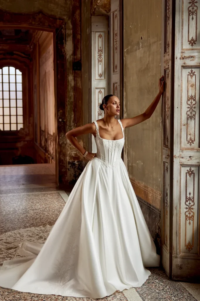 Stretch Mikado Ball Gown with Corset Bodice & Basque Waist