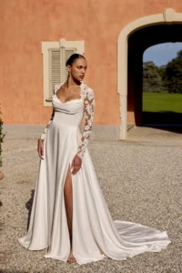 Charmeuse A-Line Gown with Corded Alençon Lace Queen Anne Neckline