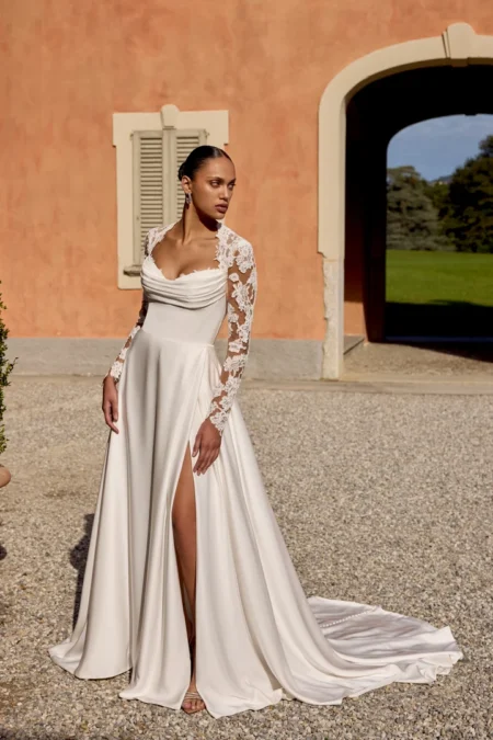Charmeuse A-Line Gown with Corded Alençon Lace Queen Anne Neckline