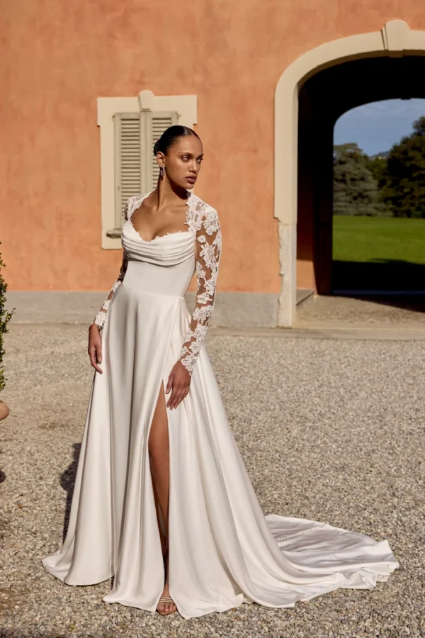 Charmeuse A-Line Gown with Corded Alençon Lace Queen Anne Neckline