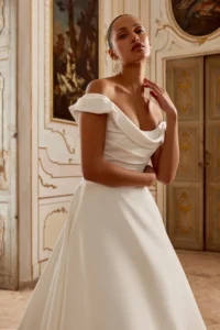 A-Line Gown with Crepe Draped Bodice and Satin Skirt