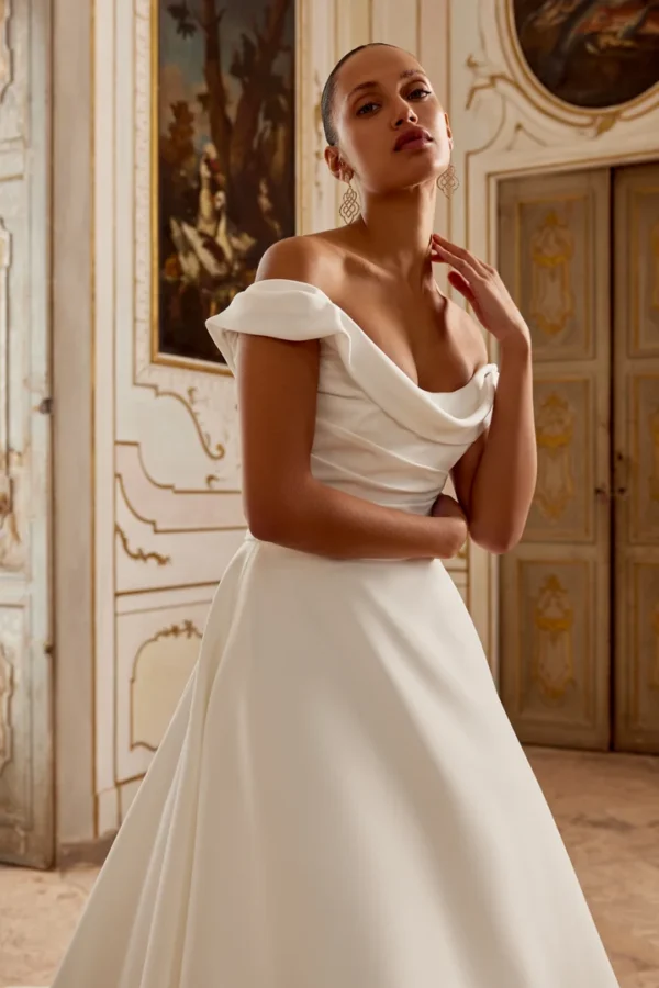 A-Line Gown with Crepe Draped Bodice and Satin Skirt