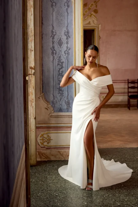 Charmeuse Fit and Flare Gown with Pleated Portrait Neckline
