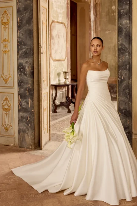 Stretch Mikado A-Line Gown with Pleated Details on Bodice and Skirt