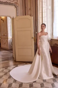 Mikado Fit and Flare Gown with Matte Lace Appliqués and 3D Flowers