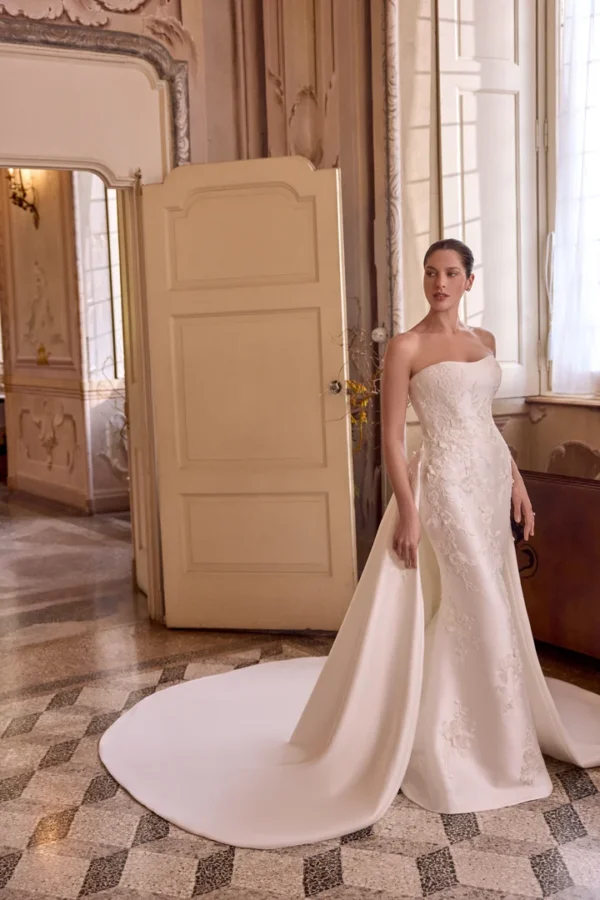 Mikado Fit and Flare Gown with Matte Lace Appliqués and 3D Flowers