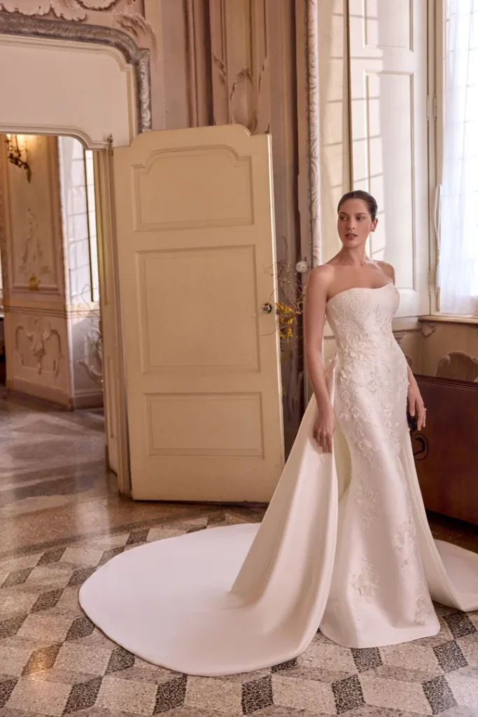 Mikado Fit and Flare Gown with Matte Lace Appliqués and 3D Flowers